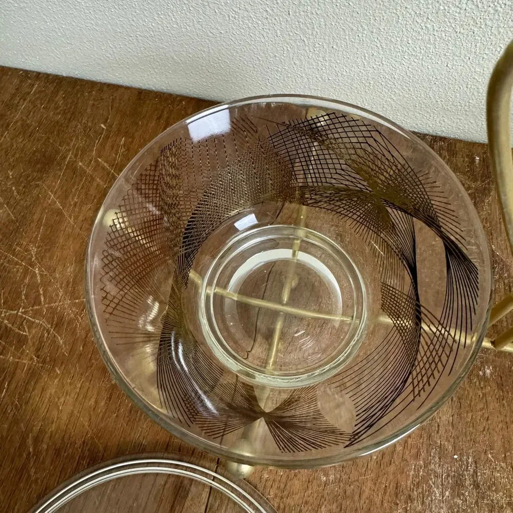 MCM Vintage Retro black gold design glass condiment dishes with‎ metal holder